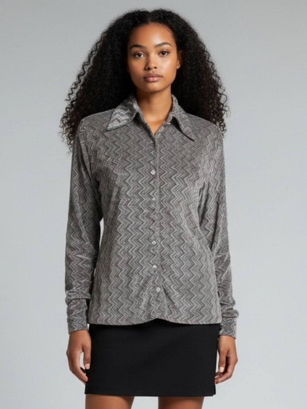 Vintage Silver Gray Zigzag Button-Up Shirt